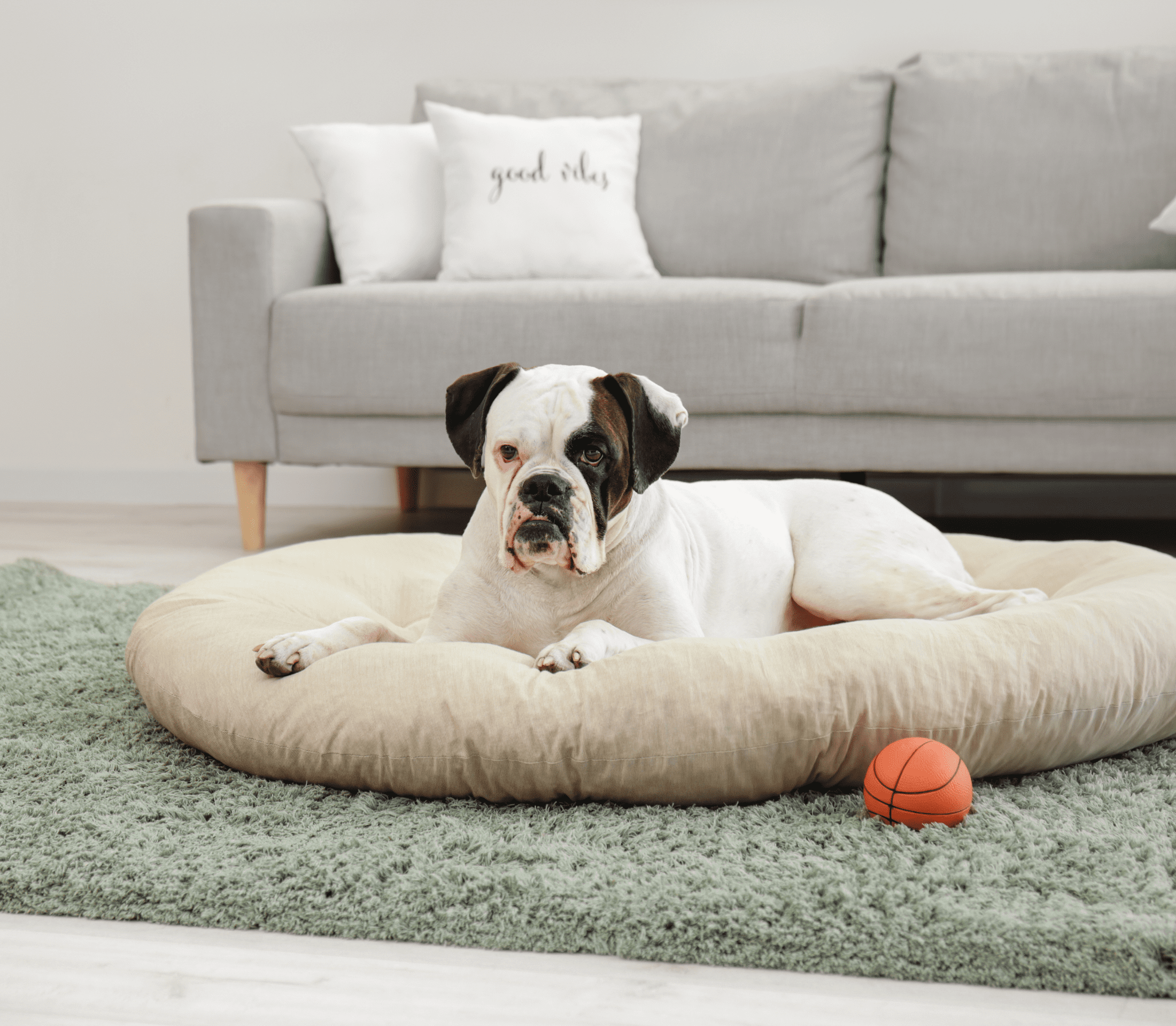 Bulldog on a white dog bed with gray couch at the back